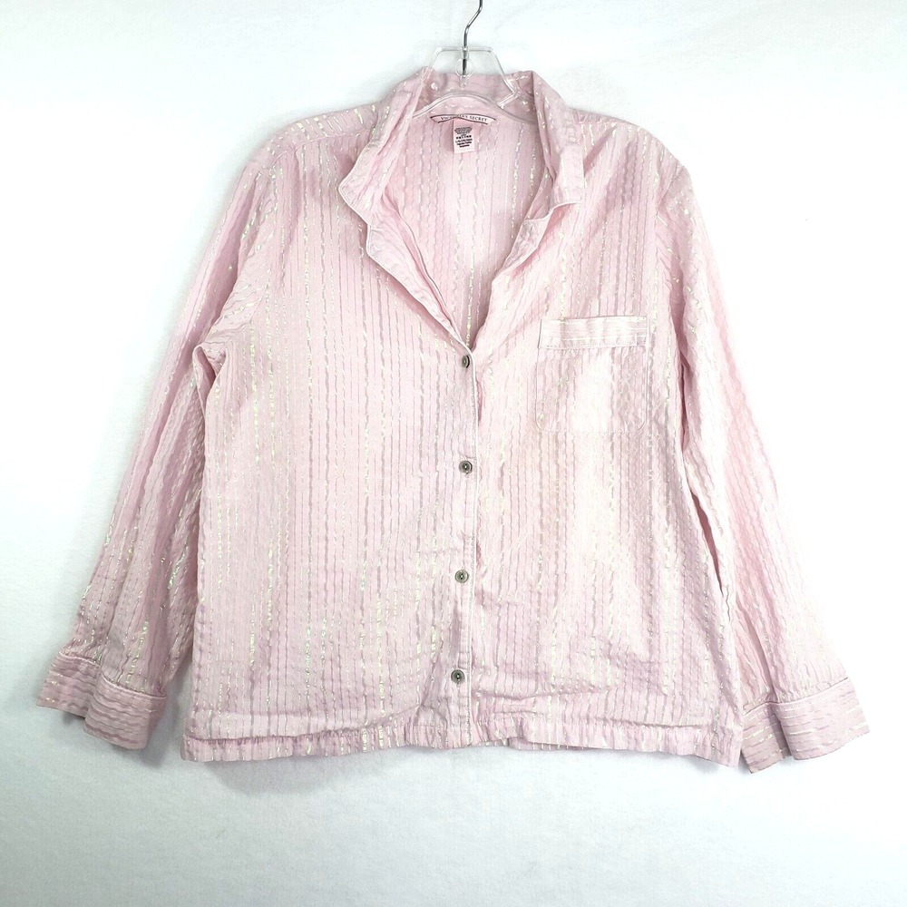 Victoria's Secret Pajama Top Womens Large Pink Stripe Sleep Shirt Button‎ Front